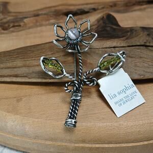 Lia Sophia Silver Tone Wire Flower Pin Brooch Pink Green Bead w/Orig Tag 90s Y2K
